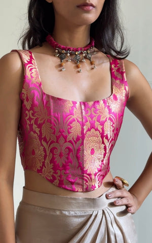 Fuchsia Gold Brocade Silk Corset