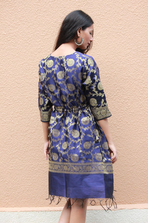 Navy Blue Gold Banarasi Silk Kaftan Dress