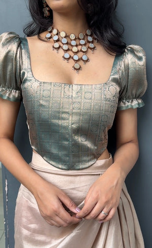 Opal Brocade Corset With Sleeves