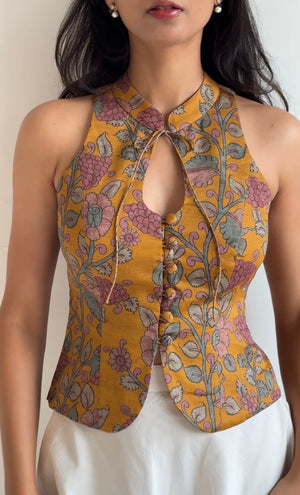 Mustard Kalamkari Printed Halter Top