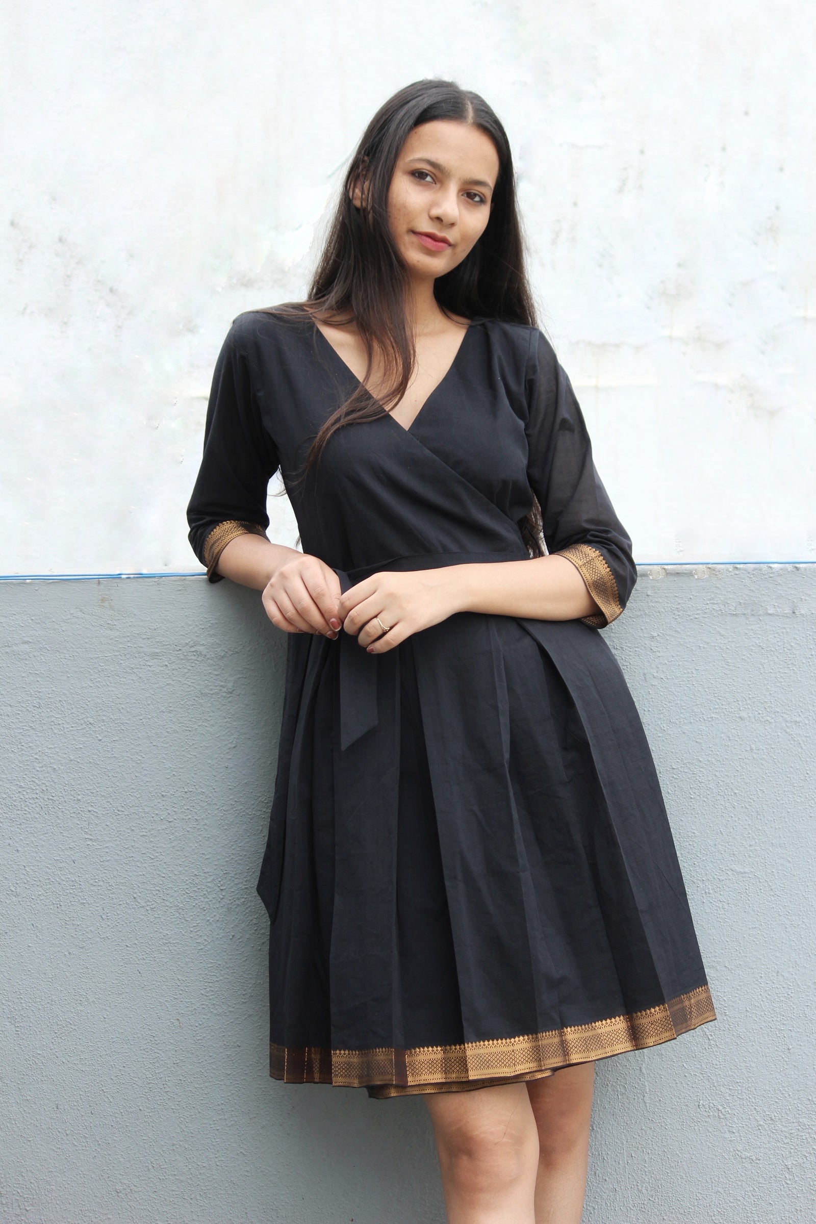 Mangalagiri Cotton Pleated Wrap Dress with Bronze / Gold Border