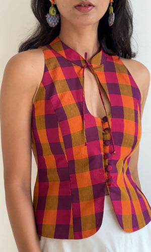 Marsala Madras Check Halter Top