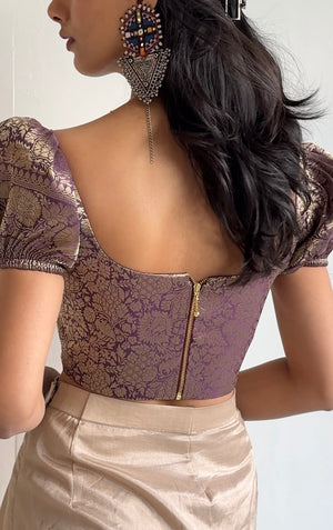 Dark Mauve Brocade Corset With Sleeves