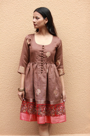 Brown Kalamkari Silk Saree Dress