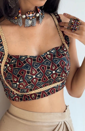 Ajrakh Embroidered Backless Blouse