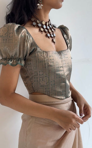 Opal Brocade Corset With Sleeves