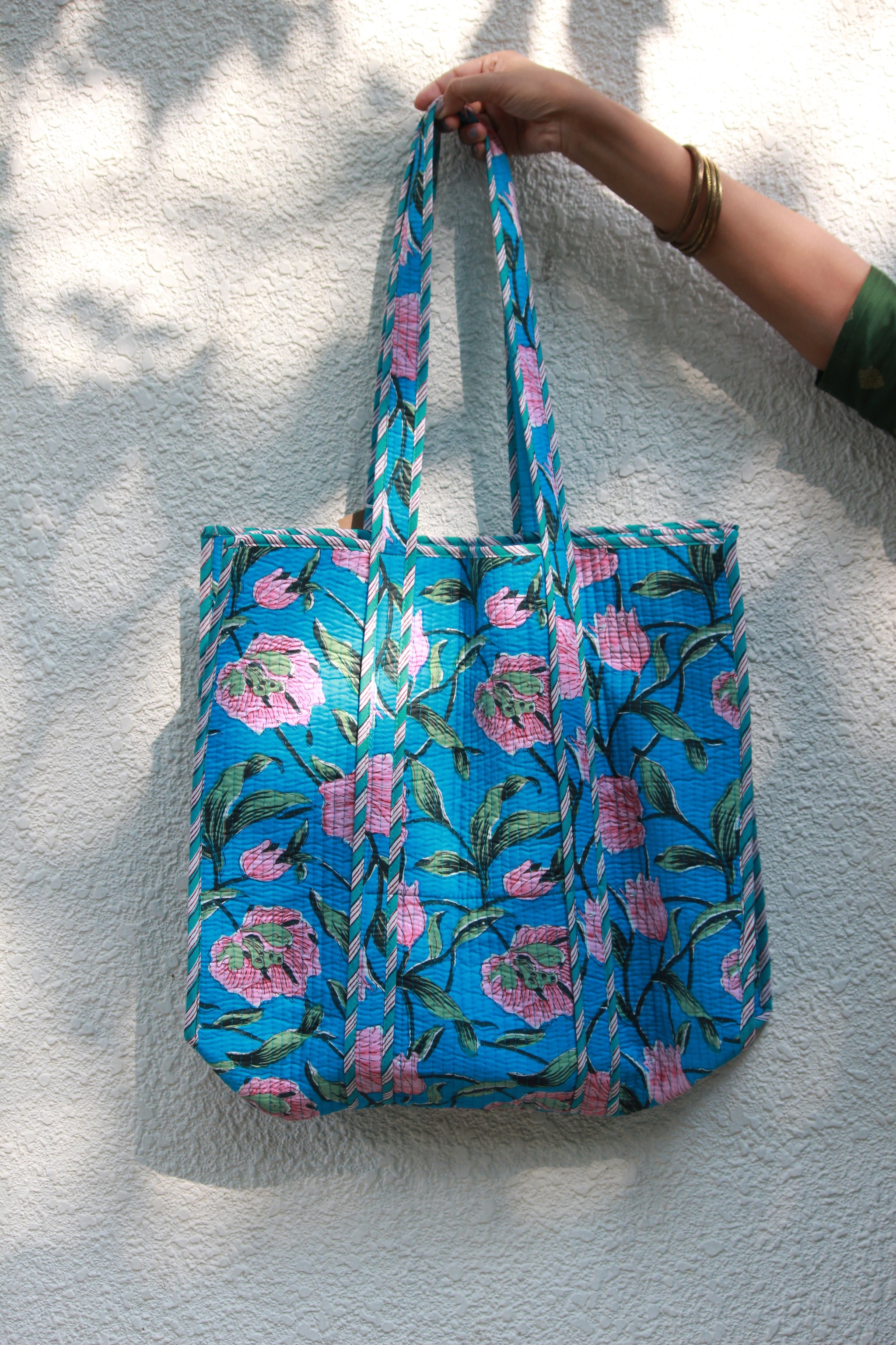 Blue Pink Quilted Tote Bag Mogra Designs - Main Image