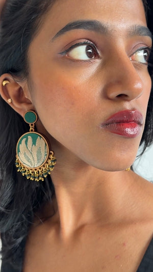 WHE Green Festive Brocade Fabric and Repurposed Wood Earrings