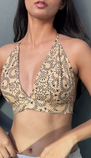 Cream And Black Floral Bralette By Blue Gulmohar