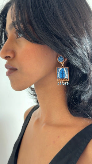 WHE Blue Festive Brocade Fabric and Repurposed Wood Earrings