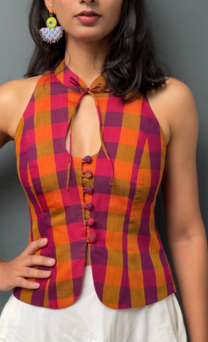 Marsala Madras Check Halter Top