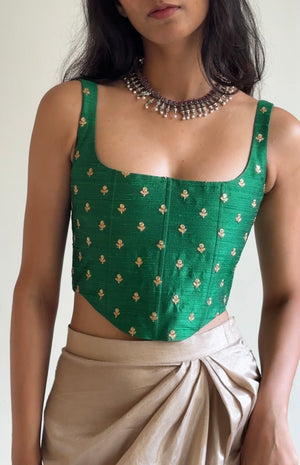 Green Raw Silk Embroidered Corset