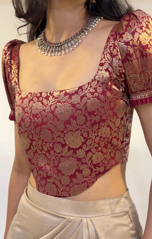 Cherry Gold Brocade Corset With Sleeves