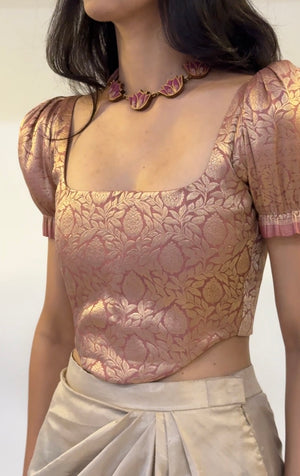 Rose Gold Brocade Corset With Sleeves