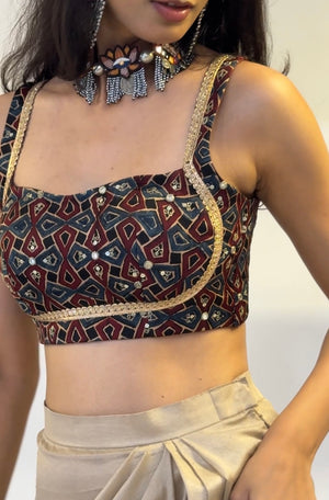 Ajrakh Embroidered Backless Blouse