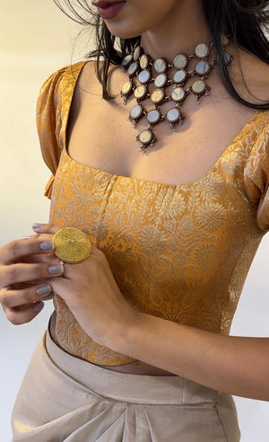 Mustard Gold Brocade Corset With Sleeves