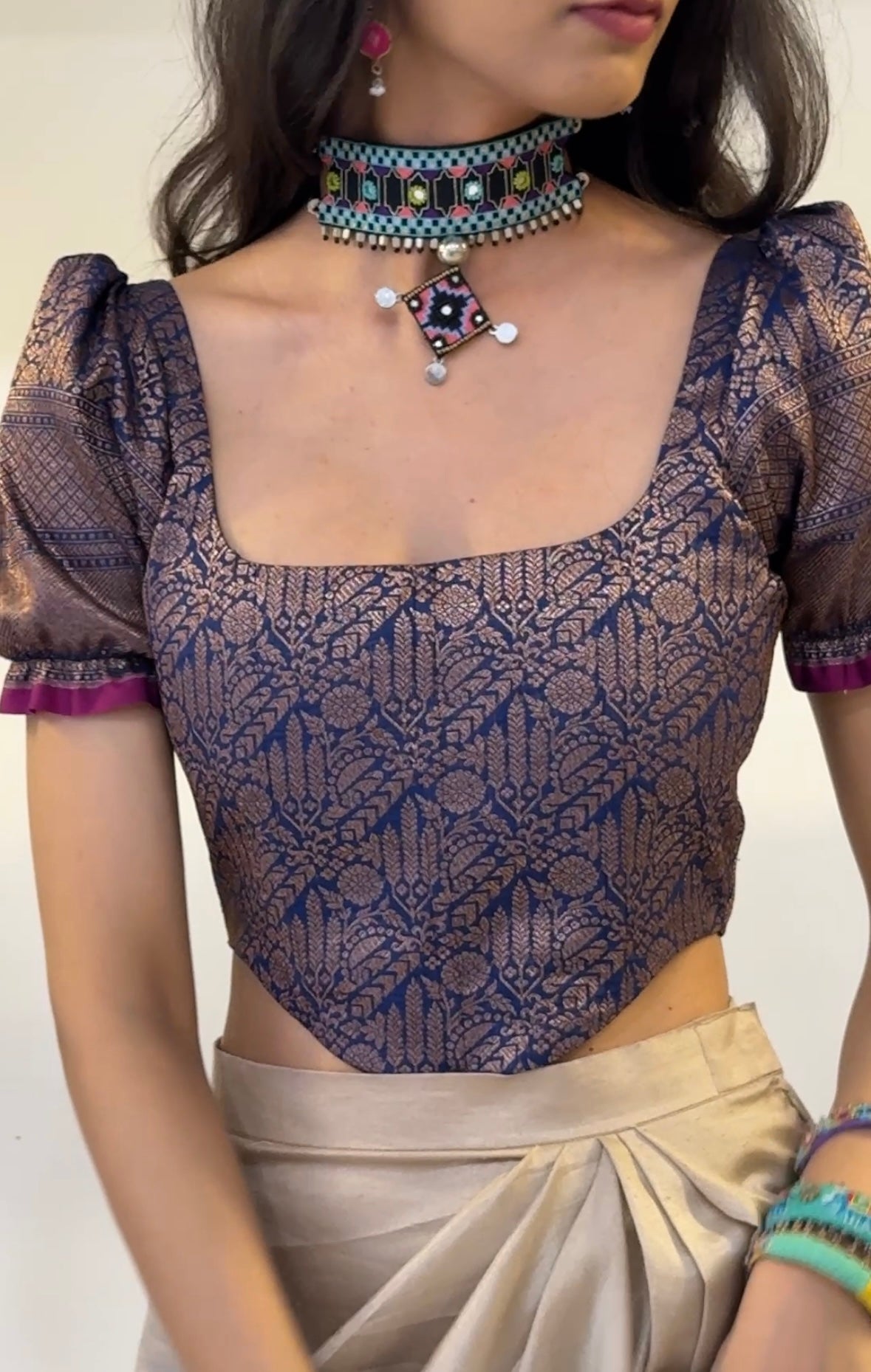 Night Blue Brocade Corset With Sleeves