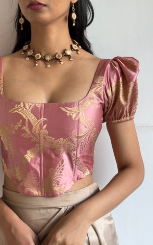 Rose Gold Brocade Corset With Sleeves