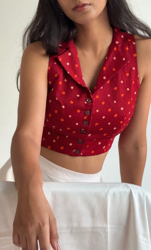 Bandhani Collared Halter Neck Crop Top