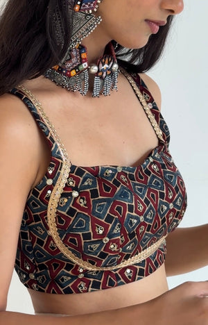 Ajrakh Embroidered Backless Blouse
