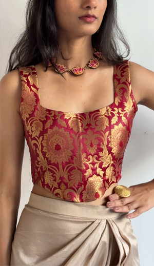 Dark Red Gold Brocade Silk Corset