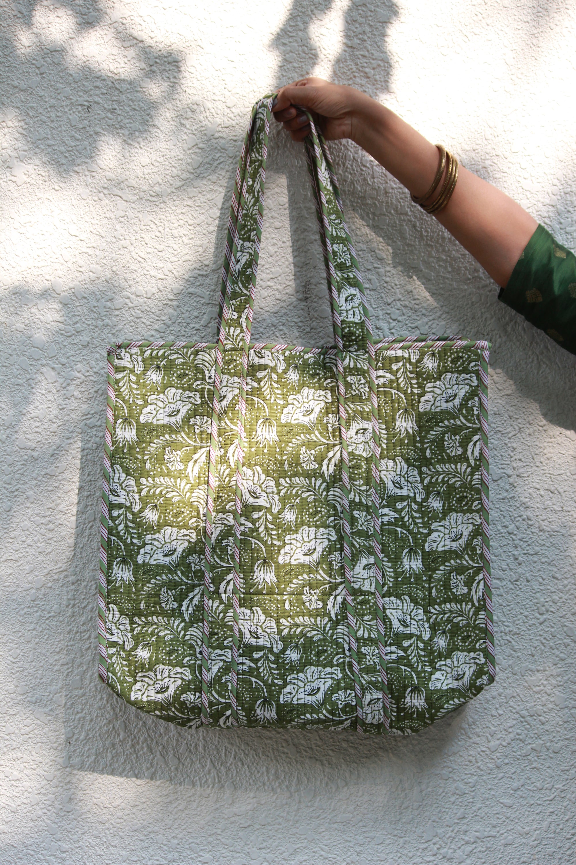 Olive White Quilted Tote Bag