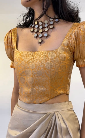 Mustard Gold Brocade Corset With Sleeves