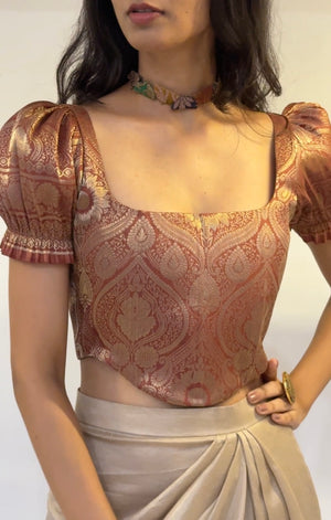 Mocha Brocade Corset With Sleeves