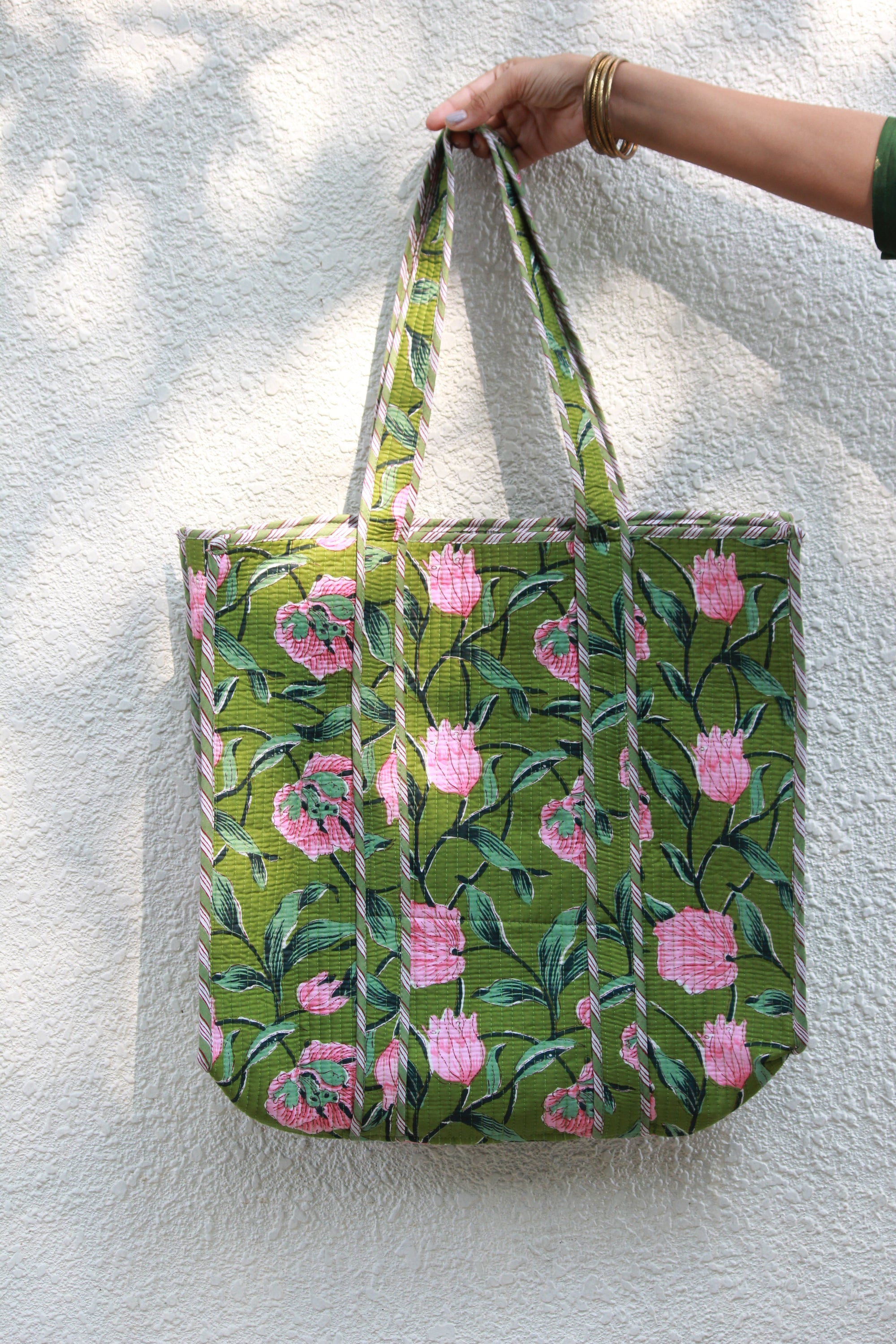 Green Pink Quilted Tote Bag