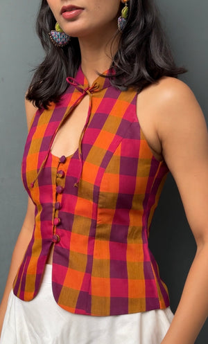 Marsala Madras Check Halter Top