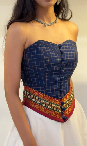 Blue Checkered Overbust Corset