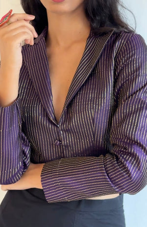 Purple Brocade Silk Cropped Blazer