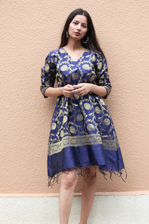 Navy Blue Gold Banarasi Silk Kaftan Dress