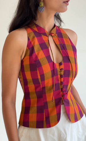 Marsala Madras Check Halter Top