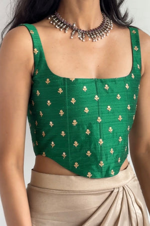 Green Raw Silk Embroidered Corset