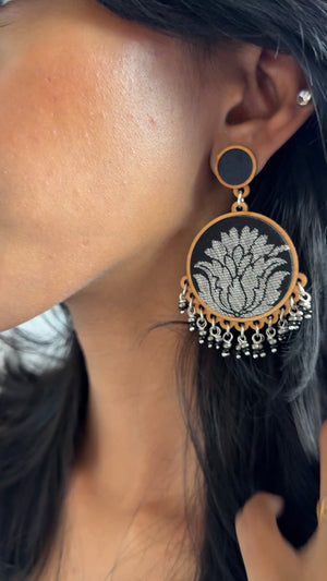 WHE Black Festive Brocade Fabric and Repurposed Wood Earrings