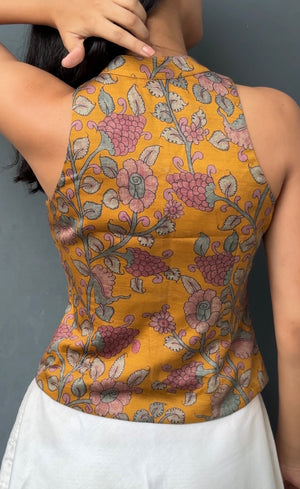 Mustard Kalamkari Printed Halter Top