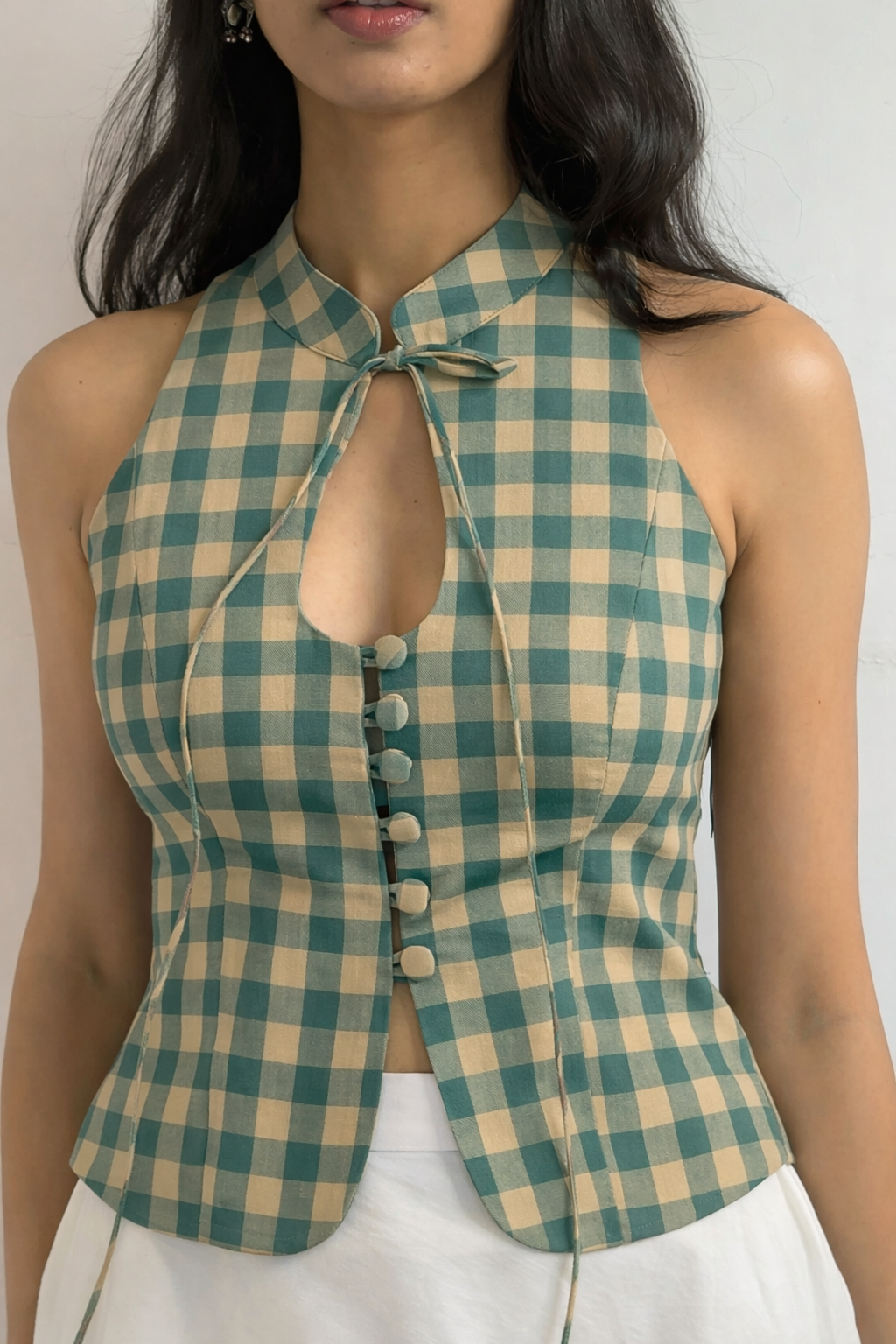 Teal Madras Check Halter Top