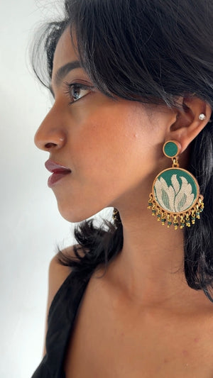 WHE Green Festive Brocade Fabric and Repurposed Wood Earrings