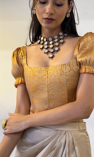 Mustard Gold Brocade Corset With Sleeves