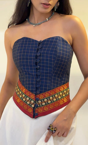 Blue Checkered Overbust Corset