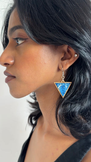 WHE Blue Upcycled Fabric and Repurposed Wood Triangular Earrings