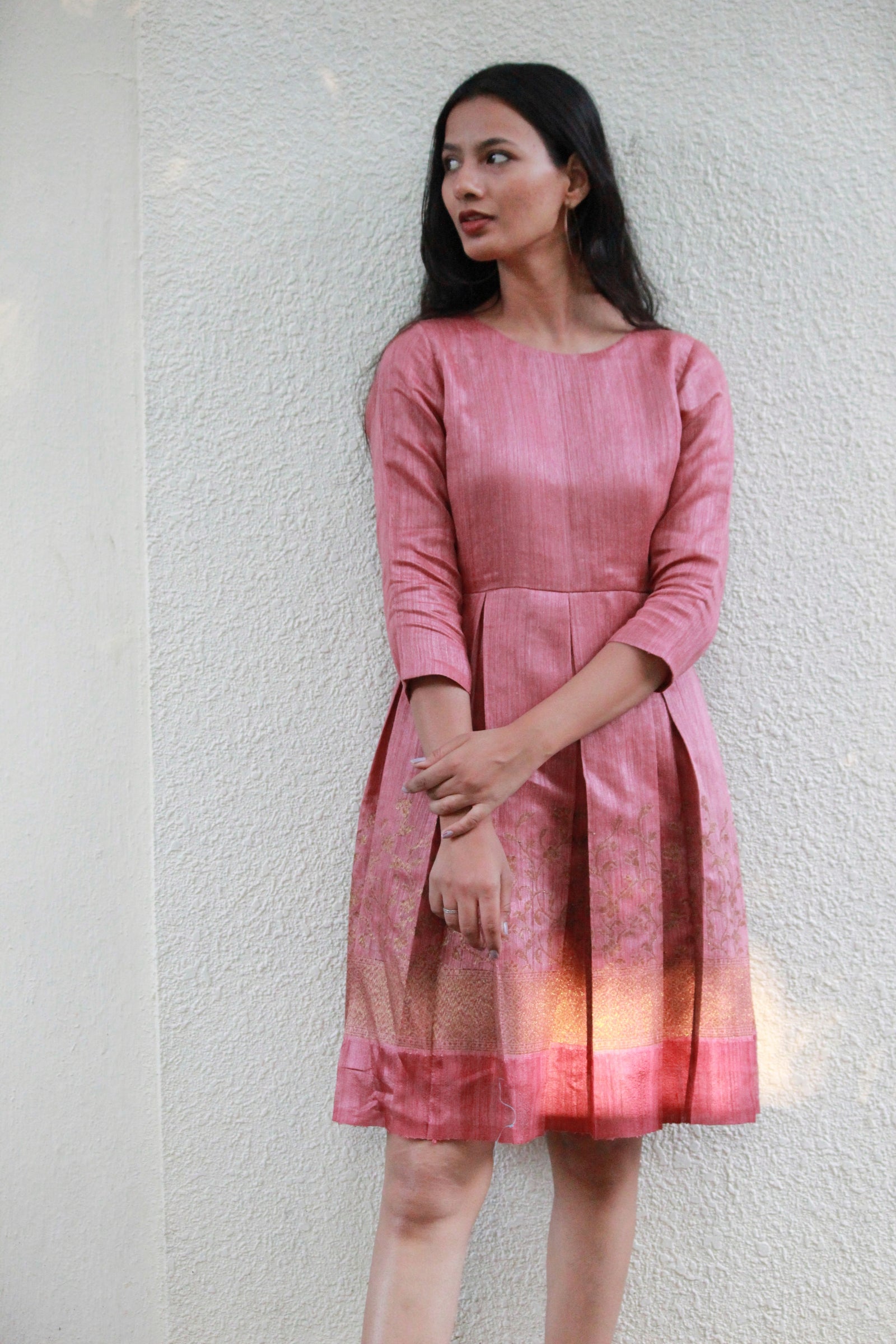 Mauve Brocade Jute Linen Pleated Dress