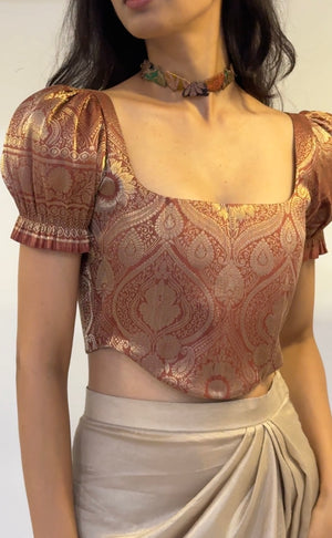 Mocha Brocade Corset With Sleeves