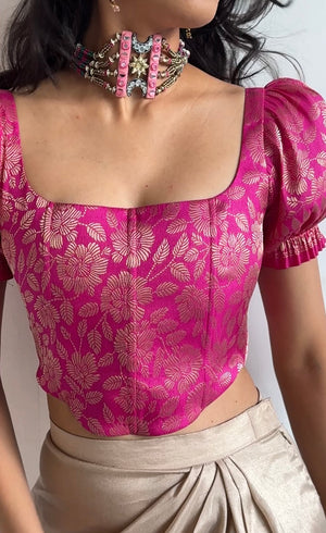 Flamingo Brocade Corset With Sleeves