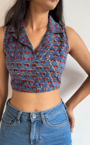 Blue Red Collared Halter Neck Crop Top