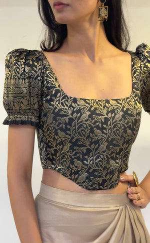 Black Gold Brocade Corset With Sleeves