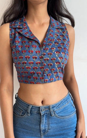 Blue Red Collared Halter Neck Crop Top