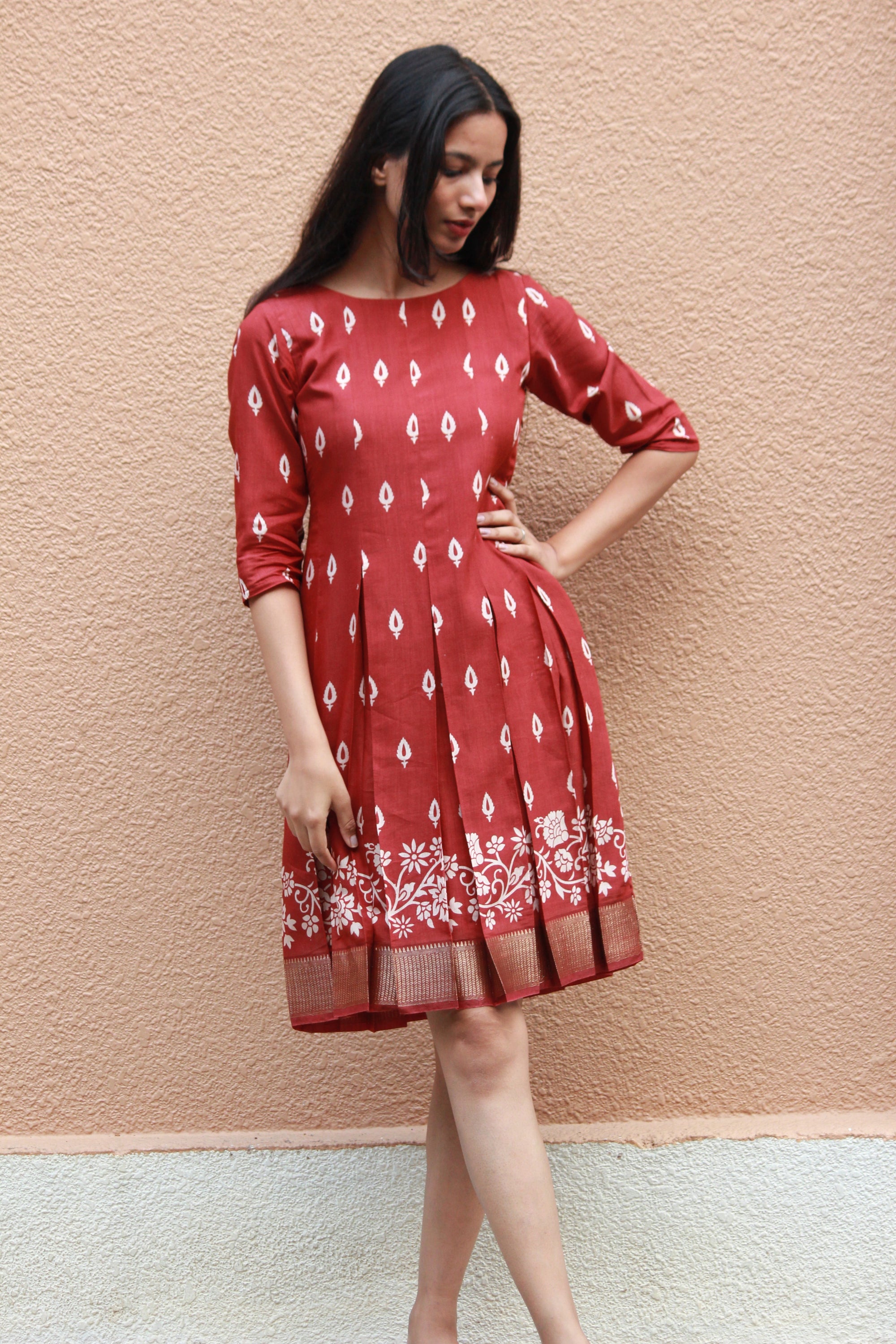 Brown Saree Pleated Dress
