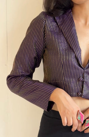 Purple Brocade Silk Cropped Blazer